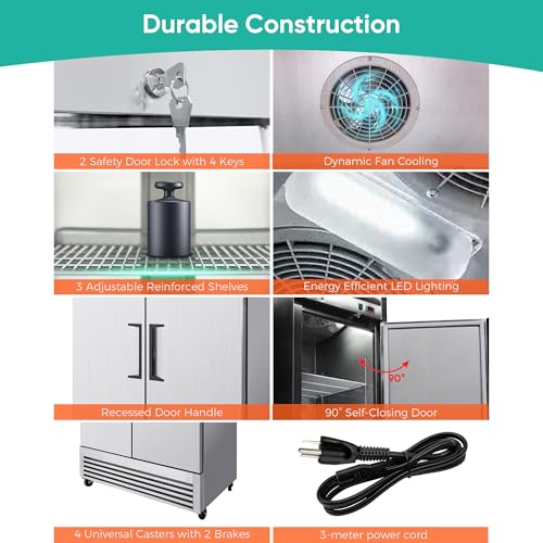 Image of 54 inch Commercial Freezer, Upright Freezer with 2 Solid Door, -8℉~0℉, 45 Cu.Ft Reach-in Freezer, Stainless Steel Interior and Exterior Construction, ETL and DOE