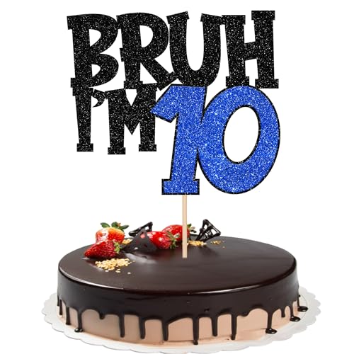 Xsstarmi Lot de 1 décoration de gâteau d'anniversaire « Happy 10th Birthday » à paillettes Bruh I'm 10 Bro It's My 10th Birthday pour fête d'anniversaire de 10 ans, noir et bleu