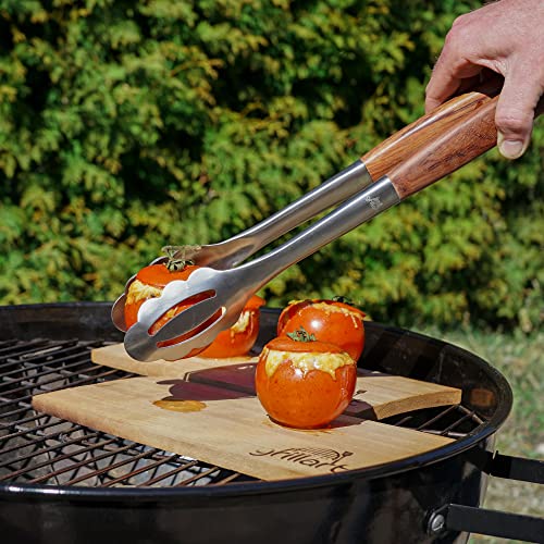 grillart® Premium Grillbesteck Set, 3-teilig aus hochwertigem Edelstahl und edlen Holzgriffen – Grillzange, Grillwender und Grillgabel mit extra langem Griff – das ideale Grillzubehör