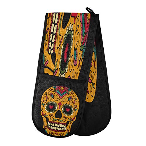 AUUXVA BIGJOKE Gant de four double matelassé en coton Motif crânes mexicains Sucre Kitcken Tribal Gants de four résistants à la chaleur pour barbecue, barbecue et poêles
