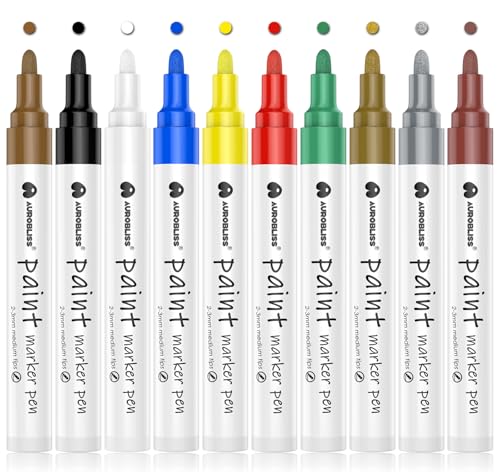 Aurobliss Rotuladores permanentes, marcadores de pintura impermeables a base de aceite, punta redonda mediana de 2-3 mm, marcadores de pintura para metal, plástico, vidrio, madera, tela, piedras