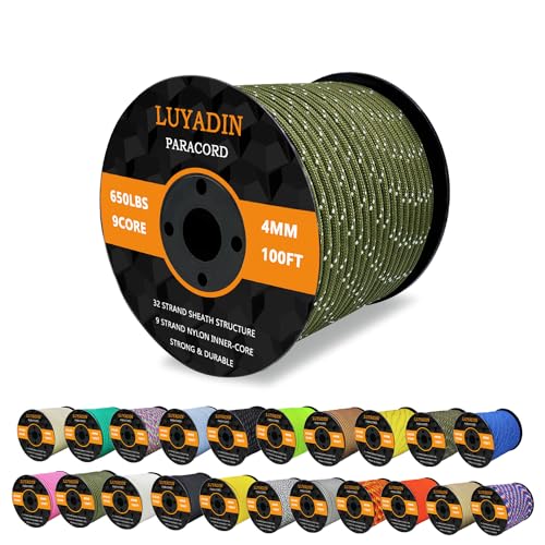 LUYADIN Reflective Paracord 650lb - 9 Strand Parachute Spool Cord - 100ft 200ft 500ft 1000ft 4mm,Paracord for Camping,Hiking,Fishing,Outdoor and DIY