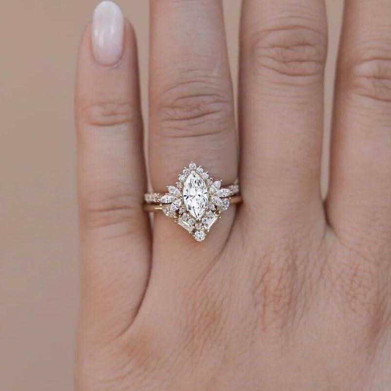 10K 14K 18K Gold 2.73 CT. tw. Moissanite Bridal Rings Sets for Her, Marquise Cut Moissanite Engagement Ring Set for Women Wedding Ring Set for Engagement Anniversary Wishbone Band2