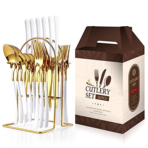 Ménagère 24 pièces chic en acier inoxydable blanc et or avec coffret