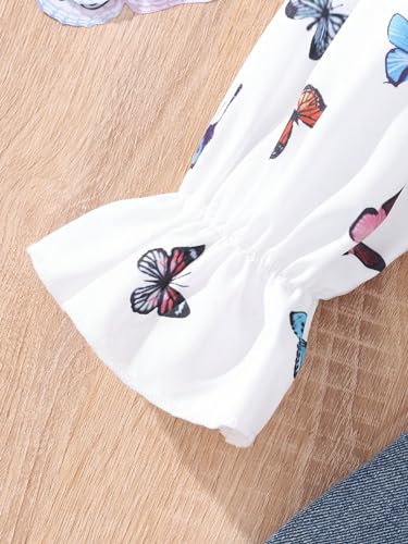 WDIRARA Girl's Butterfly Print Cold Shoulder Blouse Long Flounce Sleeve Peplum Top4