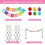 Happy Birthday Banner, Rainbow Birthday Banner, 6 Honeycomb Balls, 8 Metallic Hanging Swirls and Circle Parper Garland, Happy Birthday Decorations - Image 2