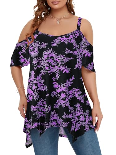 Image of LARACE Cold Shoulder Tops for Womens Summer Clothes Spaghetti Strape Tunic Oversized Shirts Asymmetrical Plus Size Blouse