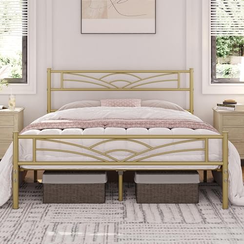 costoffs4ft6 Metal Double Platform Bed Frame Solid Bedstead Base with Cloud-inspired Design Headboard and Footboard, Under-bed Storage Space, Fits for Adults/Teenager Antique Gold