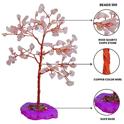 Image of REMEDYWALA Charged Rose Quartz Crystal Tree with Agate Slice Base for Reiki Healing (100 Beads)