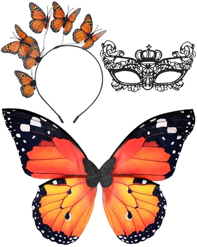 RENEMEGO Butterfly Costume for Women - 3 Pcs Monarch Butterfly Wing Lace Mask Monarch Headpiece Fairy Wings Renaissance Renfaire Party Prom Masquerade Cosplay Dress Up Performance Outfit