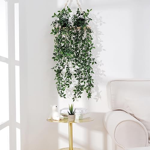 Image of BLEUM CADE Fake Hanging Plants, 2pcs Artificial Hanging Potted Plant, Faux Mandala Vines Hanging Plant Greenery for Wall Shelf Home Living Room Indoor Outdoor Decor