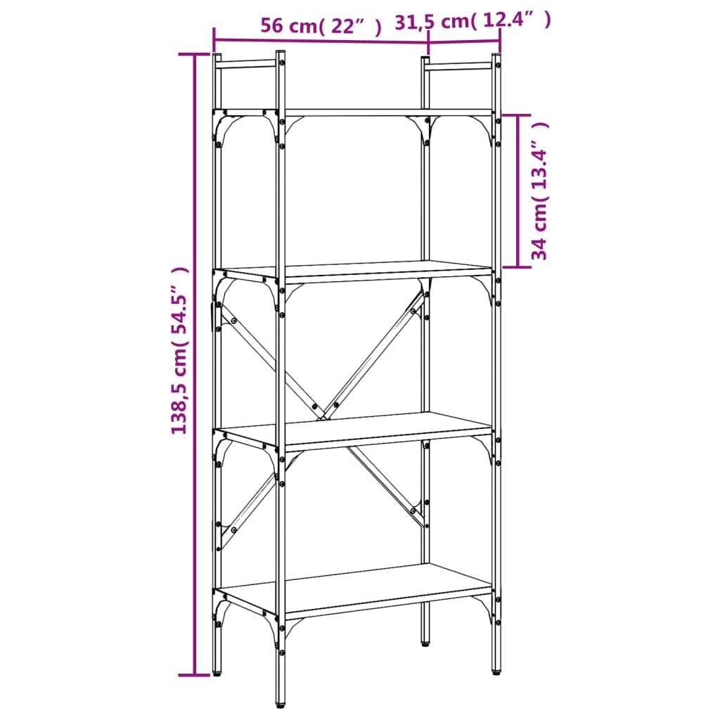 Bücherregal 4 Fächer Schwarz Holzwerkstoff und Stahl 56x31,5x138,5 cm Standregal mit viel Stauraum Ablage für Wohnzimmer Büro Schlafzimmer als praktisches Regalsystem