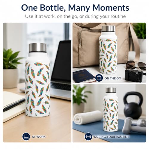 Image of Stainless Steel Water Bottle for School Office Travel | Printed Water Bottle | Drinking Bottle for Home Gym College | Stylish Bottle for Daily Use Picnic & Gifting (White with Feather)
