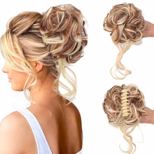 Messy Bun Hair Piece Claw Clip Curly Wavy Faux Hair Bun Tousled Updo Hair Extensions Scrunchie Long Beard Chignon Buns Hair pieces for Women (Colore : Strawberry Honey Blonde)