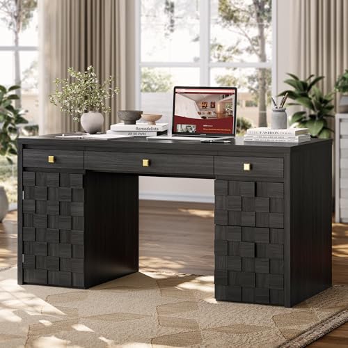 58" Executive Desk with Drawers, Home Office Desk with Charging