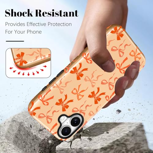 Image of Magnetic for iPhone 17 Case for Women Men, Orange Bow | Cute Ribbon Bow Pattern Design [Compatible with MagSafe] 2-Layer Hybrid Shockproof Glossy Protective Cover