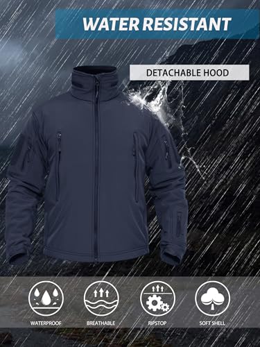 Men's Waterproof Tactical Hooded Softshell Jacket - Fleece Lined, Winter Hiking Military Windbreaker