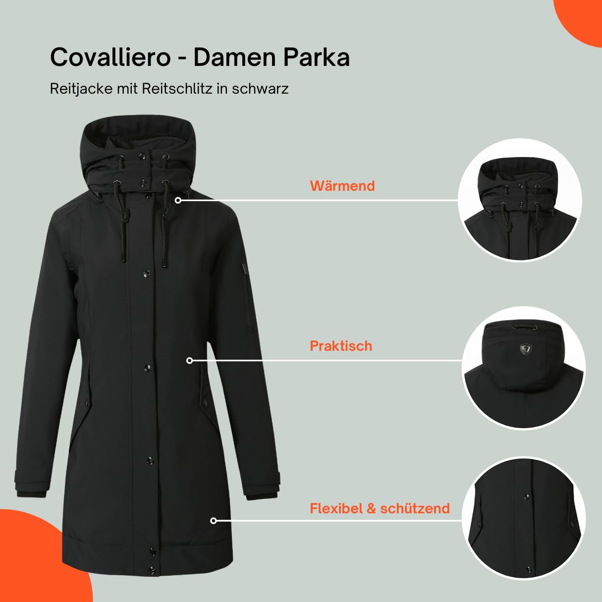 Covalliero - Damen Parka | Reitjacke mit Reitschlitz | warme Übergangsjacke mit hohem Kragen & 5 Taschen | wasserabweisende Winterjacke | Reitbekleidung in vielen Farben & Größen