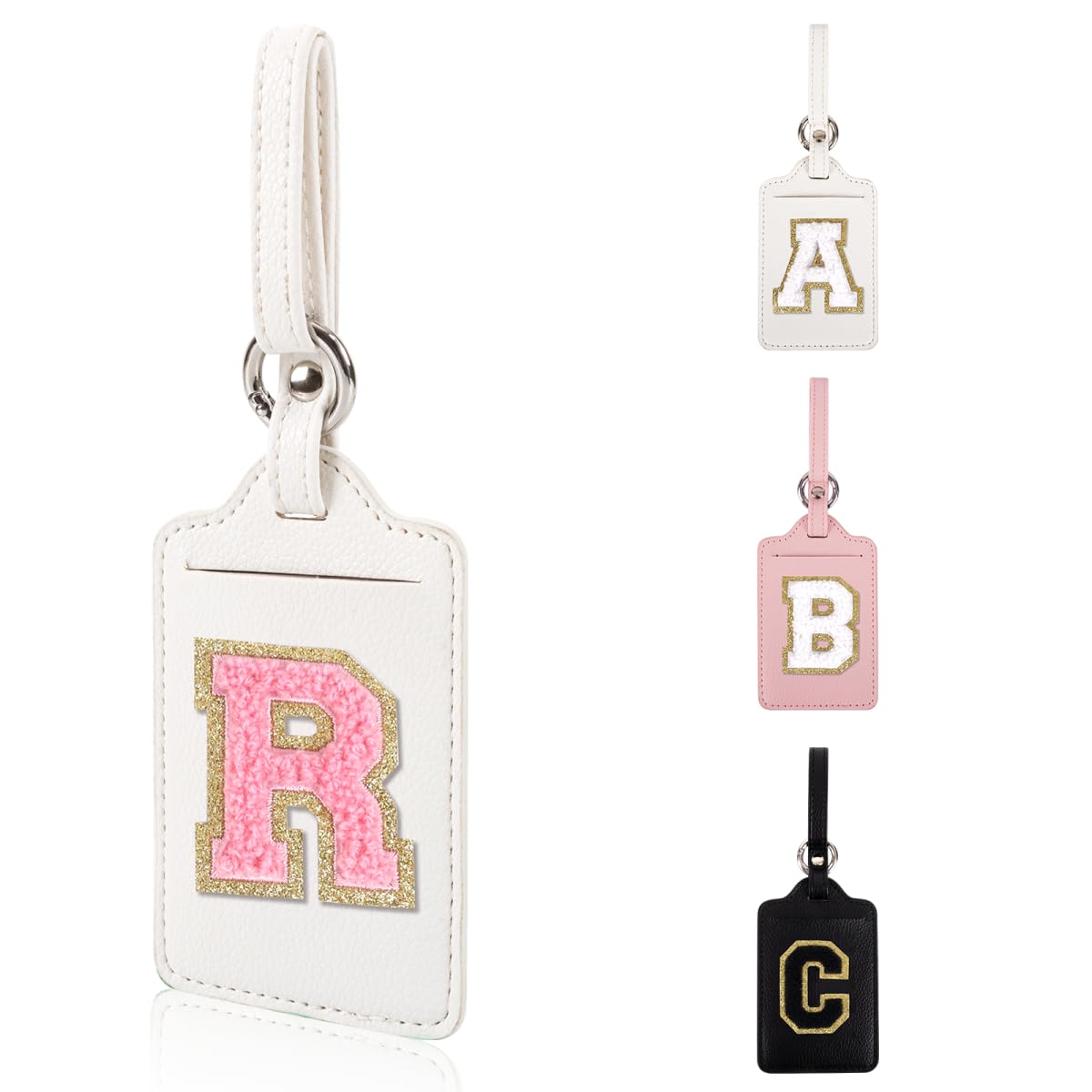 Personalized Initial Luggage Tags for Suitcases, Leather Chenille Letter Cute Luggage Tags with Privacy Name Card, Embroidered Travel Bag Backpack Tag