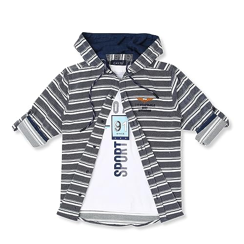 Image of CAVIO Boys Regular Fit Striped Hooded Casual Shirt and T-Shirt