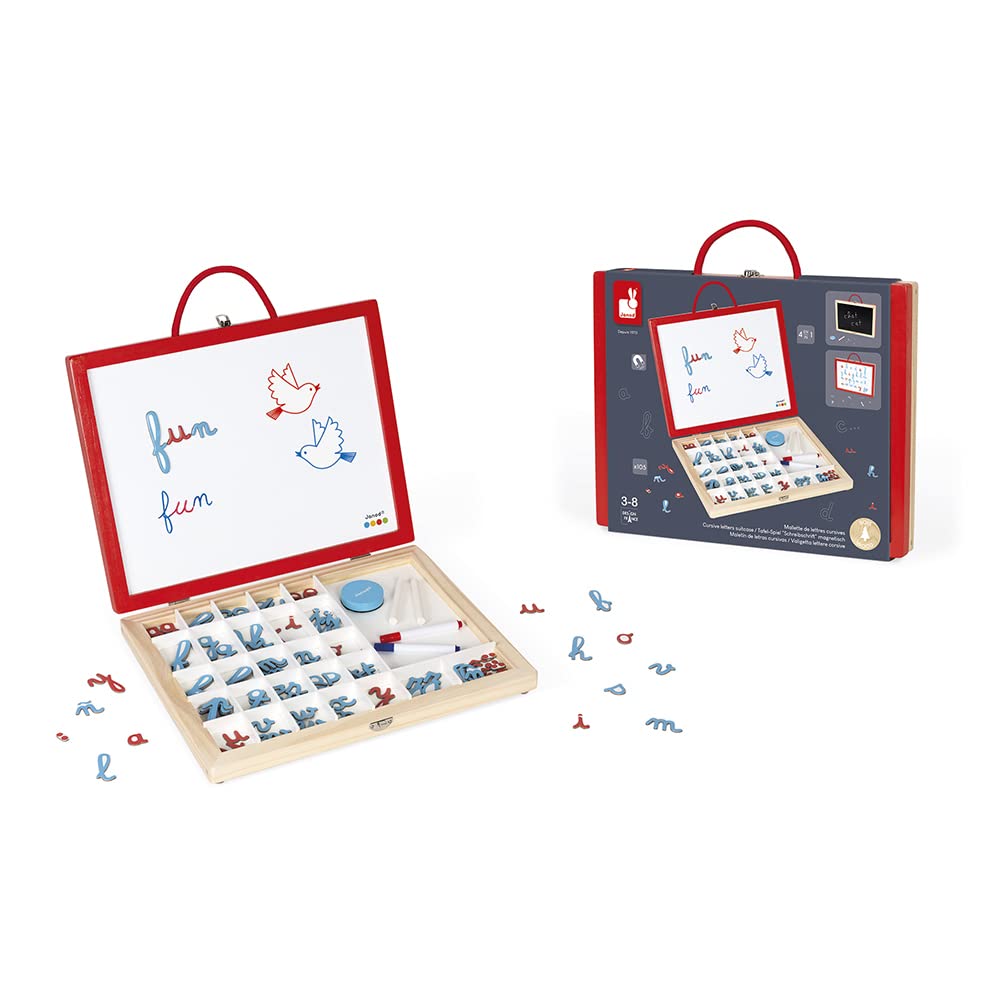 Janod, Essentiel, Mallette de Lettres Cursives 4 en 1 en Bois, Jeu Pédagogique, Apprentissage des Lettres et de la Lecture, 110 Accessoires Inclus, Peinture à l'eau, Dès 3 Ans, J05073, Multicolore