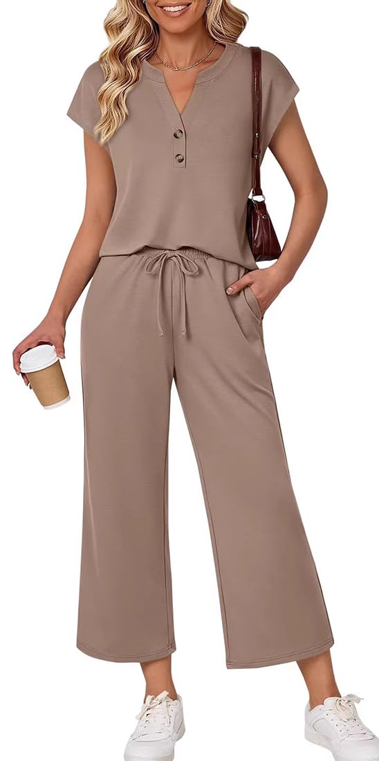 Chándal Mujer 2 Piezas Conjunto Deportivo Mujer Top Cuello V y Pantalones Pierna Ancha Conjunto Mujers Chic y Elegante Chándal Casual Vacation Verano