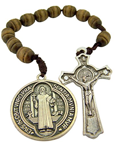 Religious Gifts Brown Wood Prayer Bead Pocket Rosary with Saint Benedict Medal and Crucifix, 9 Inch