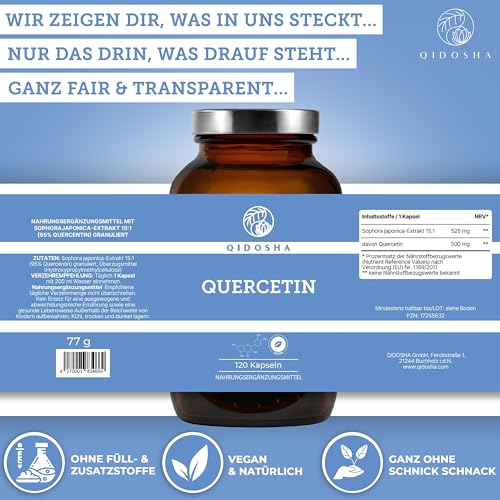 QIDOSHA® Quercetin Kapseln hochdosiert, TESTSIEGER 02/23*, 120 Stk/Glas, 500mg reines Quercetin je Kapsel, Quercetin-Menge durch externes Labor testiert, deutsche Fertigung