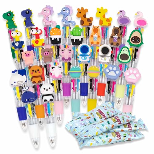 BONNYCO Caneta multicolorida, pack 30 presentes de aniversário para crianças colégio em malas surpresa. Boli 4 cores com figuras divertidas. Detalhes de aniversário para crianças, presentes de alunos