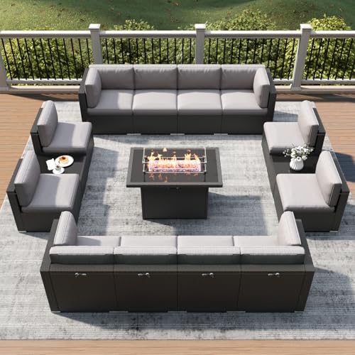 LayinSun 15 Piece Patio Furniture Set with Fire Pit Table, Outdoor Conversation Sets Wicker Rattan Sectional Sofa with Coffee Table