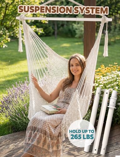 Image of Chihee Hammock Chair Handmade Woven Mesh Hanging Seat Metal Spreader Bar | Cotton Blended Rope Hanging Chair Ventilated Soft-Spun Large Stretch Hammock Swing, Elegant Macrame Indoor Outdoor Garden