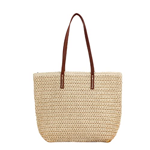 Hsthe Sea Sac à main en paille tissé à la main pour femme avec poignées en cuir et fermeture éclair Beige, beige, Large Cover