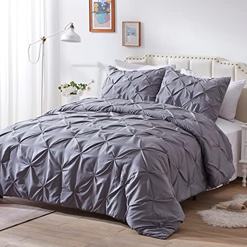 Nexhome Queen Comforter Sets Pintuck Gray Comforter Set Soft Pinch Pleat Microfiber Lightweight Down Alternative All Season 3 Pieces Bedding Comforters & Sets（1 Comforter 2 Pillow Shams）