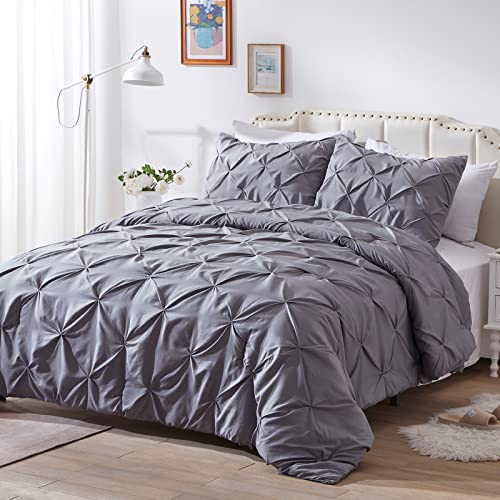 Nexhome Queen Comforter Sets Pintuck Gray Comforter Set Soft Pinch Pleat Microfiber Lightweight Down Alternative All Season 3 Pieces Bedding Comforters & Sets（1 Comforter 2 Pillow Shams） #TOP3