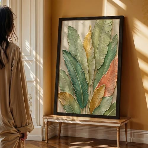 Image of NoWorries 3D Tropical Leaf Wall Painting with Frame Set of 1 | Premium Textured Green Botanical Leaves Artwork, Luxury Nature Wall Decor for Living Room, Bedroom, Office and Home Decoration (3d Art-18,17x25inch)