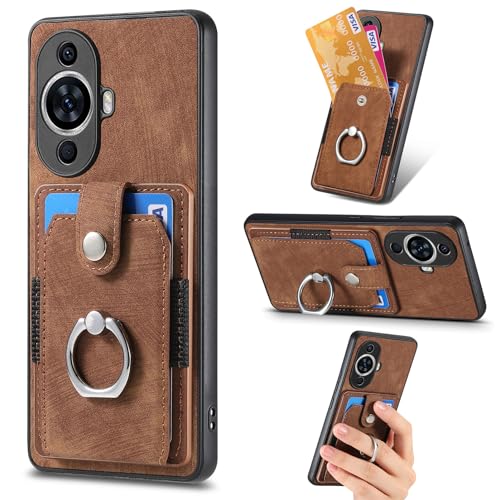 Rfvzubemok Compatible with Huawei nova 11 Magnetic Bracket Case,Compatible with Huawei nova 11 4G FOA-AL00 FOA-LX9 (PC+TPU+PU) 3 in 1 Card Slots Kickstand Phone Cover Brown