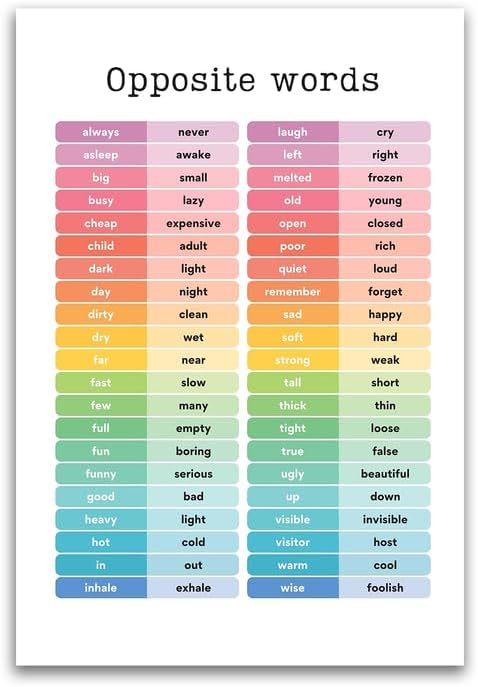 Opposite Words Chart Poster - Educational For Gradeschool Homeschool ...