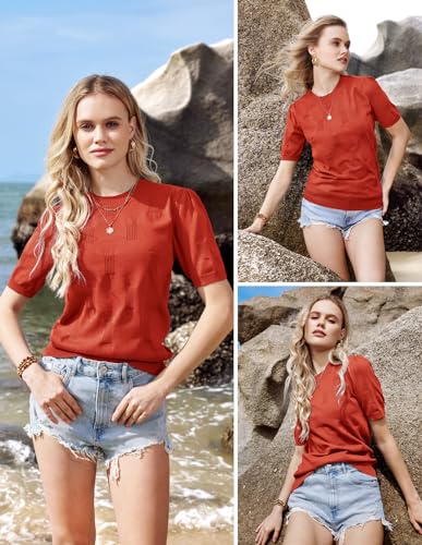 Image of Arach&Cloz Women's Short Sleeve Crew Neck Sweaters Trendy Teacher Work Tops | Lightweight&Breathable Fabric, Texture Knit Design, Relaxed Fit, Business Casual Outfits, Teacher Work Tops Fall 2026