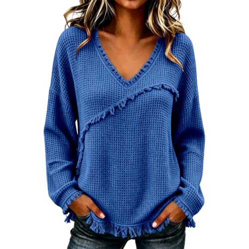 Waffle Knit Tops For Women Vintage Long Sleeve V Neck Frayed Raw Shirts - image 1