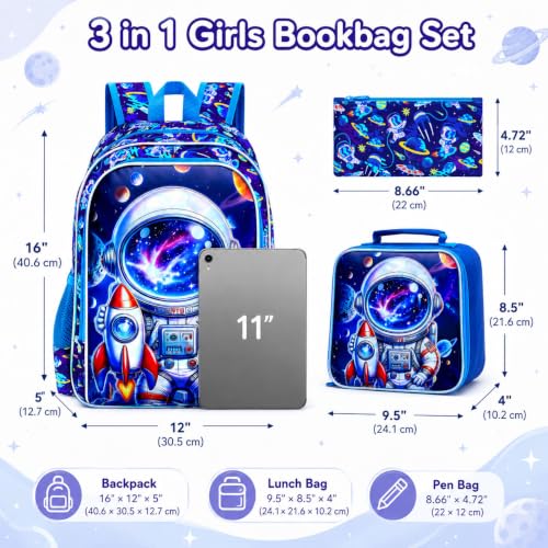 Image of AGSDON 3PCS Astronaut Backpack for Boys, 16 inch Little Kids Preschool Bookbag, Elementary Backpacks and Lunch Box - Blue