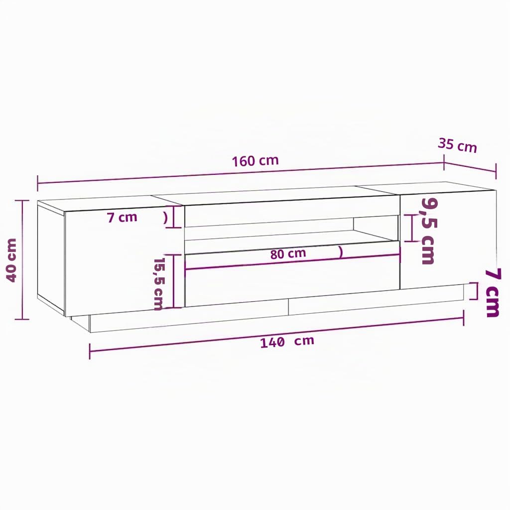 vidaXL Meuble TV avec éclairage LED, Blanc, 160x35x40 cm, Panneaux de Bois, Support TV Jusqu’à 70", Buffet Bas avec étagères, Meuble Moderne de Salon,