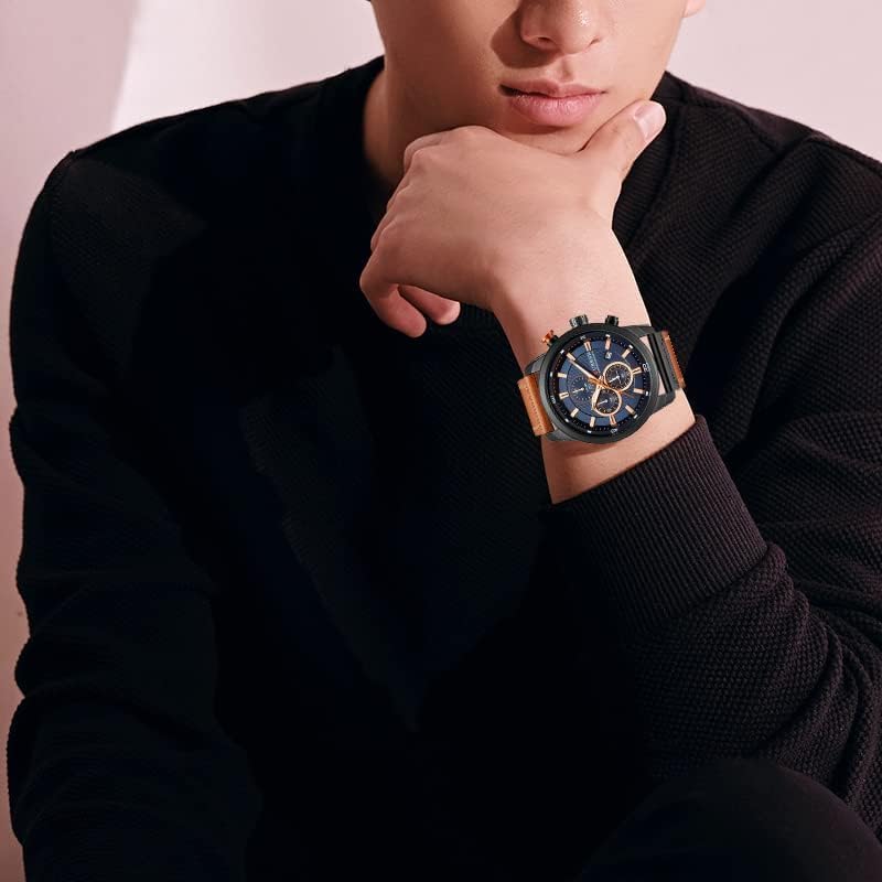 FANMIS Mens Sport Military Analog Quartz Watch Chronograph Classic Casual Business Dress Waterproof Watch Multifunctional Wristwatch with Leather Strap - Image 3