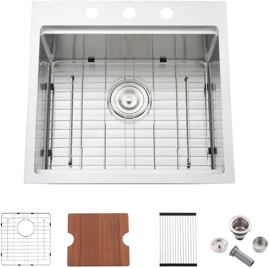 18 inch Drop in Bar Sink Workstation with 3 holes, Wesliv 18"x18" Drop in Utility Sink 16 Gauge Stainless Steel Wet Kitchen Bar Sinks Single Bowl with Cutting Board