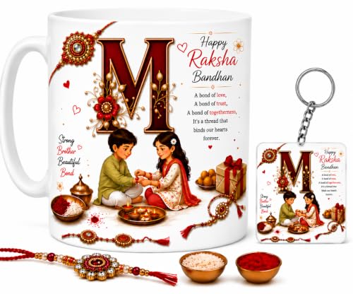 Image of Raksha Bandhan Alphabet M Coffee Mug with Matching Square Keychain | Includes Rakhi, Roli & Chawal | 350 ML Ceramic Printed Cup | Brother Sister Festival Collection
