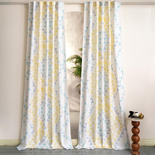 Image of Tranquebar Curtain Co. Window Curtains 5 Feet, 60-65% Room Darkening,Yellow-Mint Geometric Print,Cotton Curtains for Window, Cotton Curtains 5 Feet Long Set of 2, BackTab Loops,Aztec(152 cm)-Set of 2