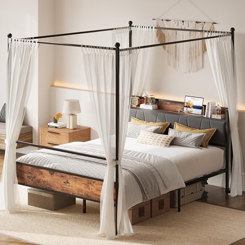 LIKIMIO Queen Canopy Bed Frame with Storage & Charging
