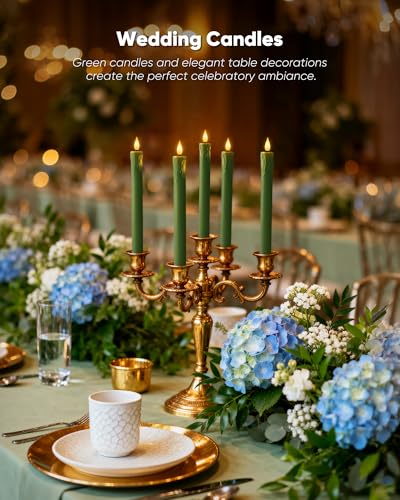 Image of Homemory 3 Pcs Waxy Green Flameless Taper Candles with Remote Timer, LED Fake Candlesticks, 9.6 Inches Battery Tall Candle with 3D Flickering Flame for Wedding, Dinner, Christmas Anniversary Decor