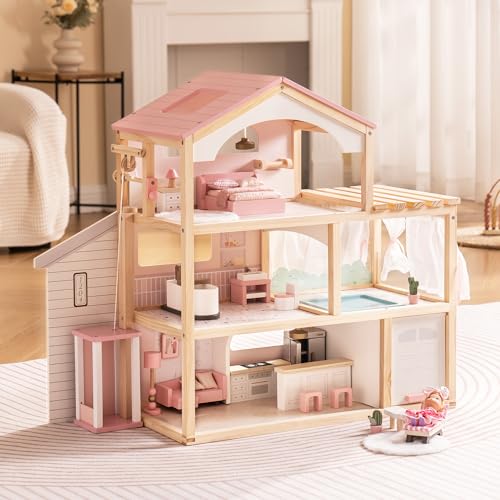 Image of ROBUD Doll House, Wooden Dollhouse with 6 Rooms, 29-pcs Furniture Set, Working Elevator, Garage, Swimming Pool, Ideal Gift for Kids Ages 3+ (Pink)