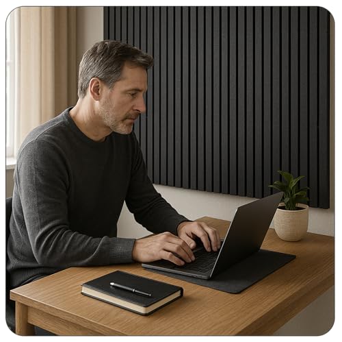 Tambour Touch Matte Black Oak Acoustic Panel, Varnished 1-1/2\" Wide Slats - Harmony Series - Sold 2 Panels Per Carton for Sound Absorption, Ideal for Home Theaters, Offices, and Studios