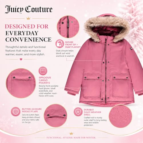 Image of Juicy Couture Girls Heavyweight Winter Jacket with Faux Fur Hood and Cargo Pockets